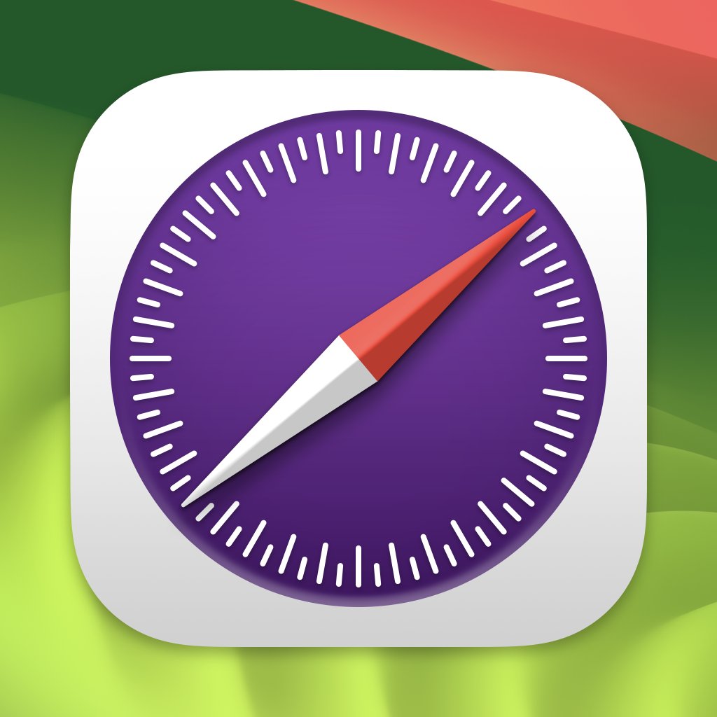 Safari Technology Preview app icon on macOS Sonoma featuring a red and white compass needle over a purple background with white radial marks.