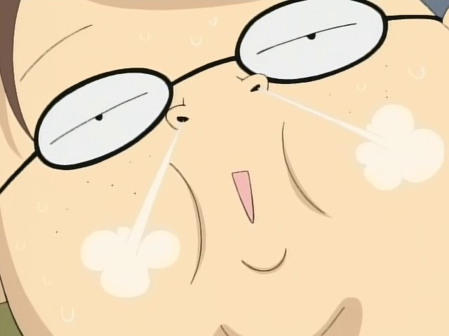 Anime character emitting two puffs of steam through their nostrils, while looking relieved.