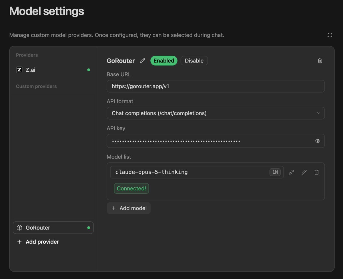 GoRouter model configuration showing Base URL gorouter.app/v1, Chat completions format, and claude-opus-5-thinking connected.