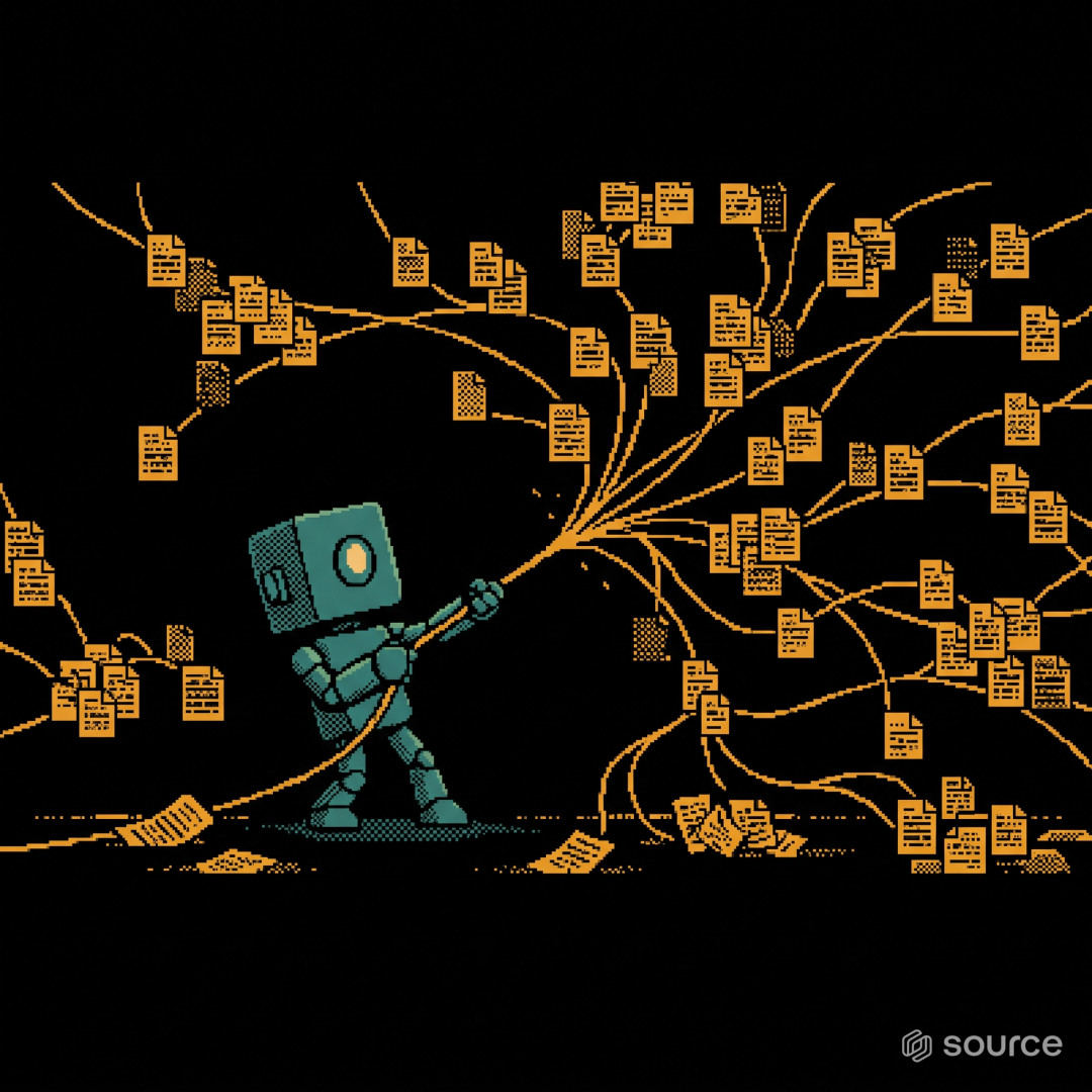 Pixel robot pulling a thread that branches into scattered data copies.