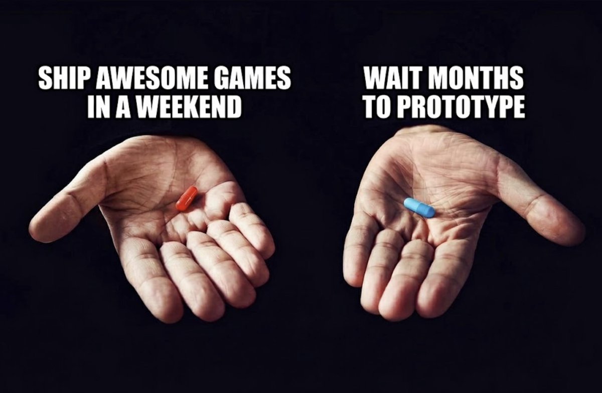 Red pill or blue pill meme from The Matrix, about choosing between two paths. Two open hands are held out on a black background. The red pill is labeled “Ship awesome games in a weekend.” The blue pill is labeled “Wait months to prototype.”